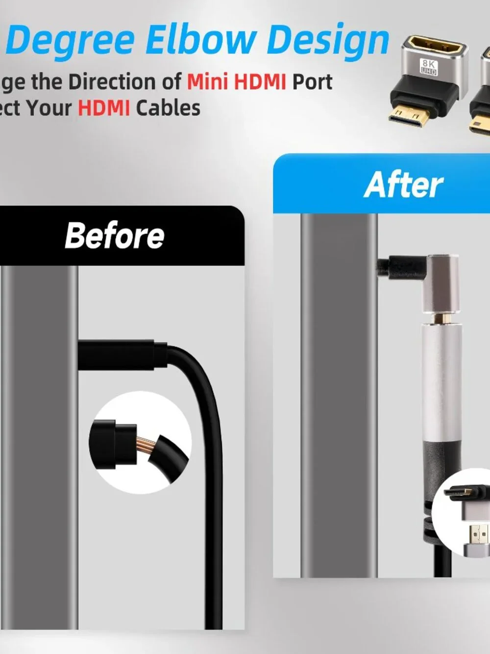 90 Degree Mini HDMI to HDMI Adapter 2 Pack, (Up and Down) Right Angle Mini HDMI